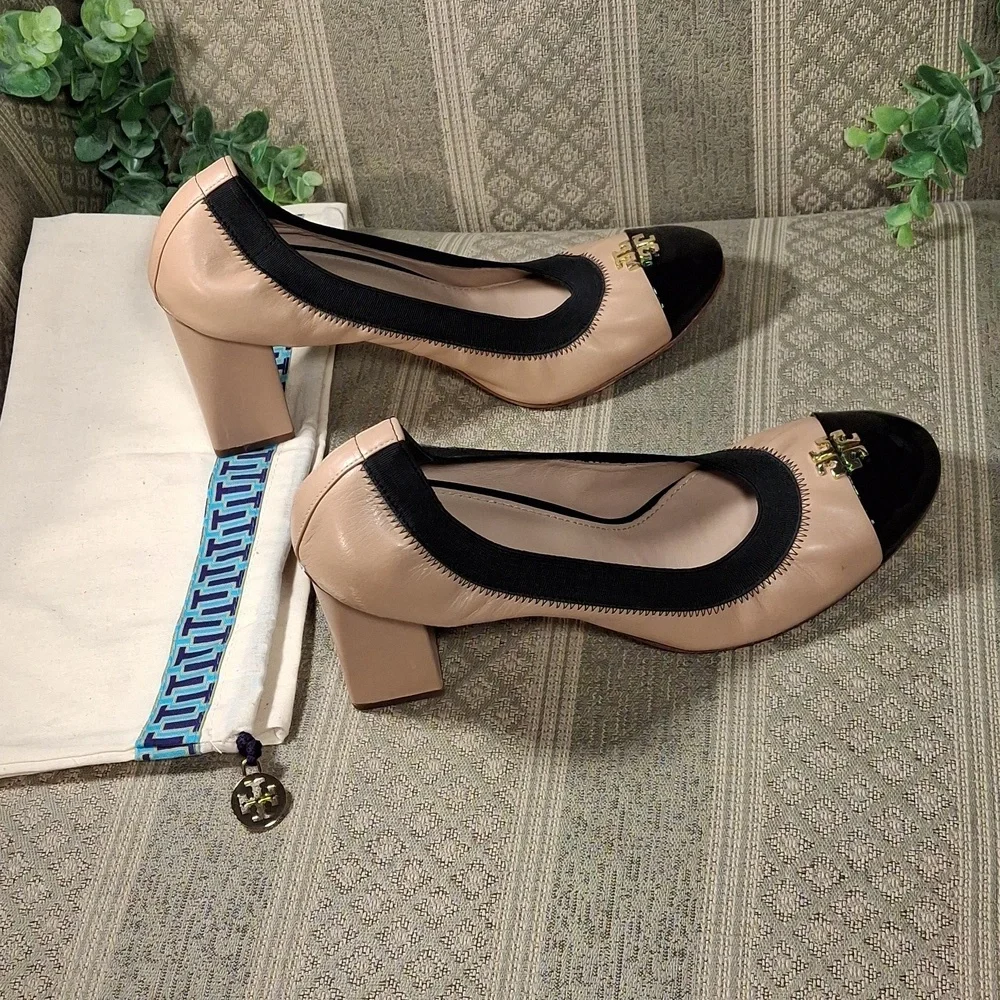 Tory Burch Nude Tan and Black Cap-Toe Leather Pumps